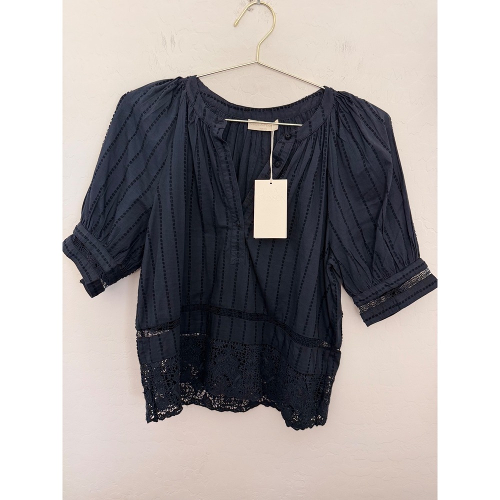 Ulla Johnson Navy Blue Cotton Eyelet Lace Trim Blouse Size 6 NWT Boho Romantic